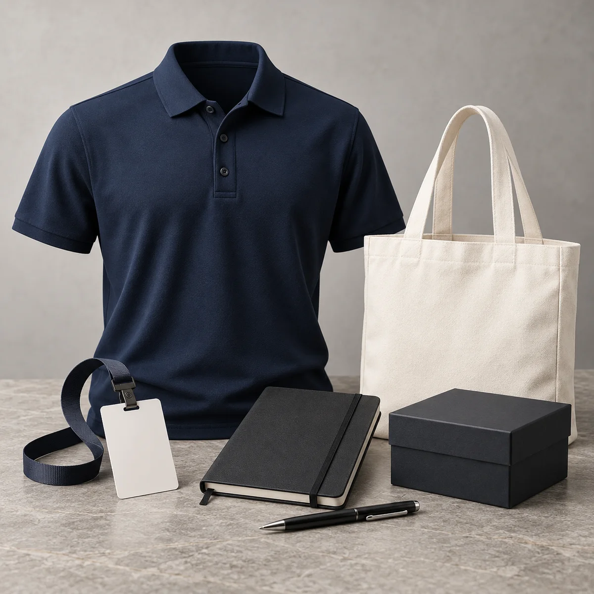 展会POLO衫、帆布袋、证件挂绳与文具组合示意